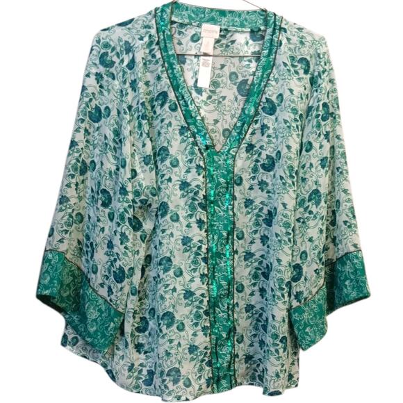 CHICO'S 3 Blouse Top Tunic Swim Cover Up XL Sheer Beaded Sequin Beach Vacation - Picture 9 of 9